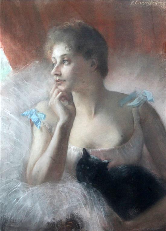 Pierre Carriere-Belleuse (1851-1932) Half length portrait of a seated ballet dancer holding a black cat 28.5 x 21in.